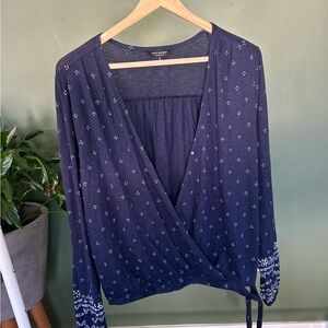 Lucky Brand Navy Blue Wrap Top with White Pattern